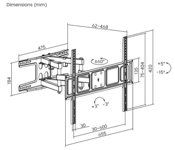 Nosač za TV zidni NORSTONE Full Motion 120 (37"-80", do 40kg, nagib +5°/-10°, zakret 60°)-7