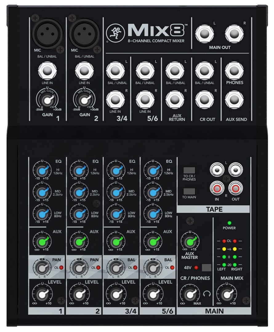 Audio mikser MACKIE Mix8 (8-kanalni, 2 mikrofonska pretpojačala, 3-band EQ)-1