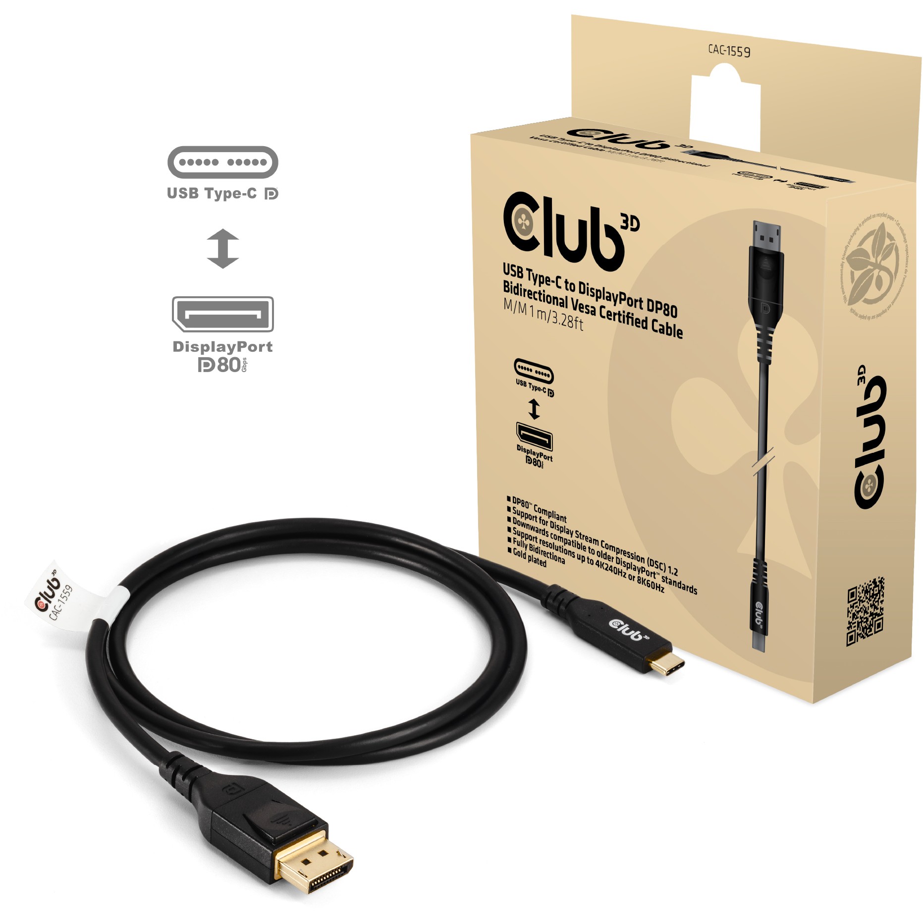 Kabel CLUB 3D USB Type C to DP 2.1 Bi-Directional VESA DP80 Certified M/M 1m-0
