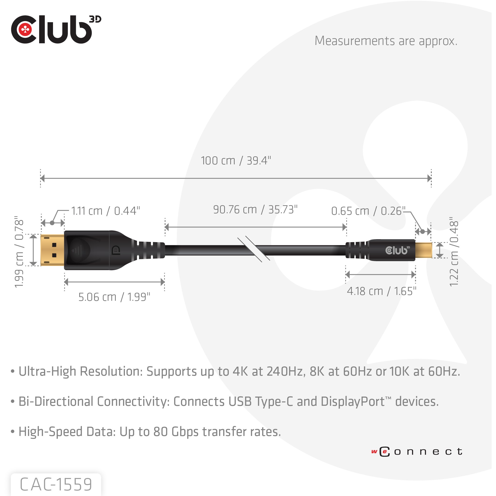 Kabel CLUB 3D USB Type C to DP 2.1 Bi-Directional VESA DP80 Certified M/M 1m-2