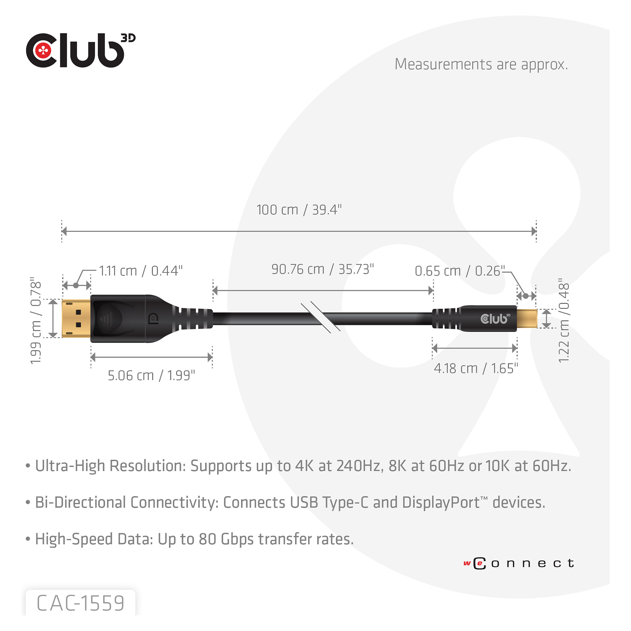 Kabel CLUB 3D USB Type C to DP 2.1 Bi-Directional VESA DP80 Certified M/M 1m-7