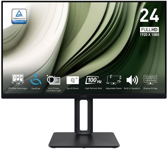 MSI Pro MP245PG 24 Inch Monitor, FHD (1920 x 1080), 100Hz, IPS, 1ms, 1x HDMI 1.4b, 1x DP 1.2a output, 1x D-Sub(VGA), Built-in Speakers, Anti-Glare, Anti-Flicker, Less Blue light, TÜV Certified, VESA, Kensington, 4-way adjustable stand, Black
