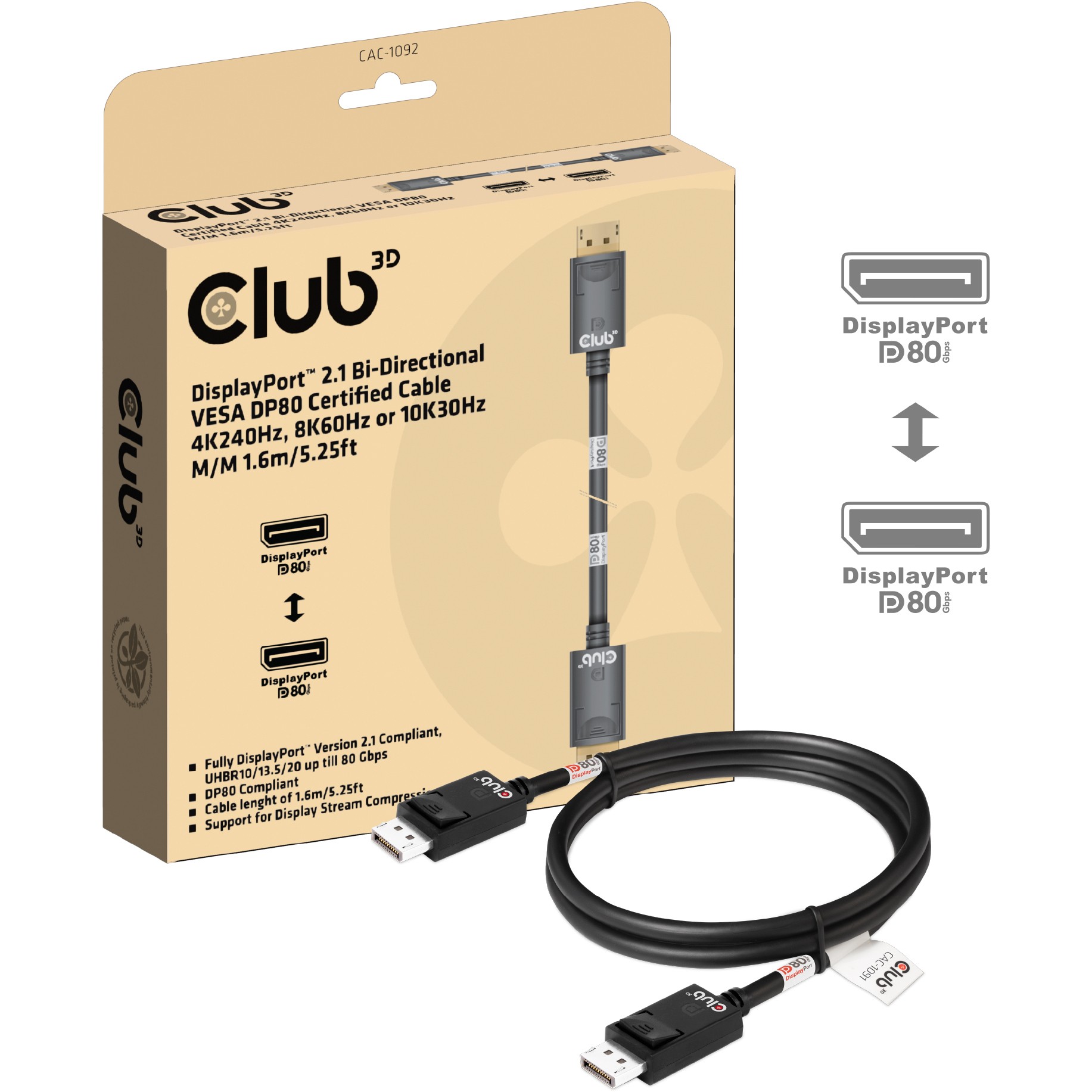 Kabel CLUB 3D DisplayPort™ 2.1 Bi-Directional VESA DP80 Certified 4K240Hz, 8K60Hz ili 10K60Hz M/M 1.6m/5.25ft-1