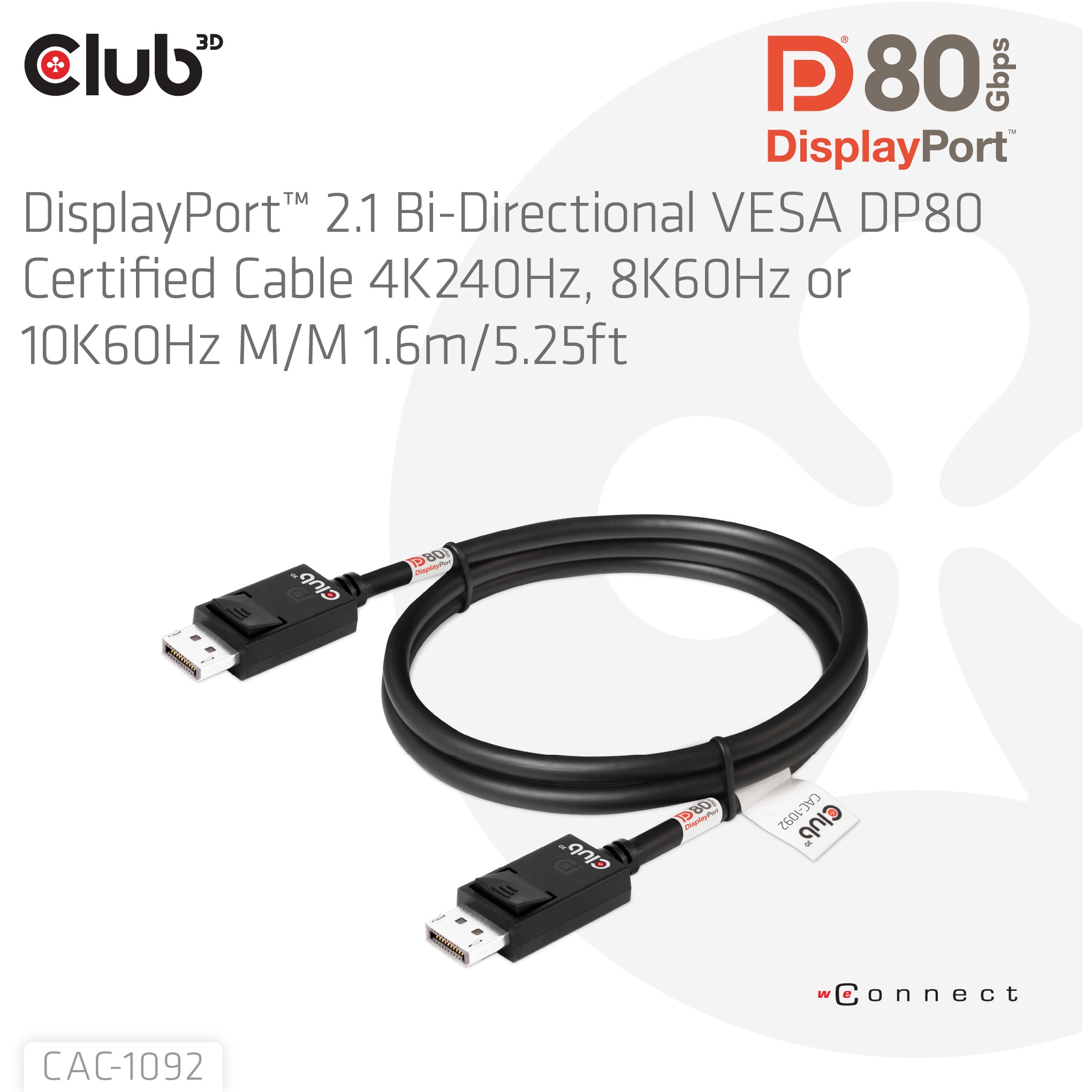Kabel CLUB 3D DisplayPort™ 2.1 Bi-Directional VESA DP80 Certified 4K240Hz, 8K60Hz ili 10K60Hz M/M 1.6m/5.25ft-2