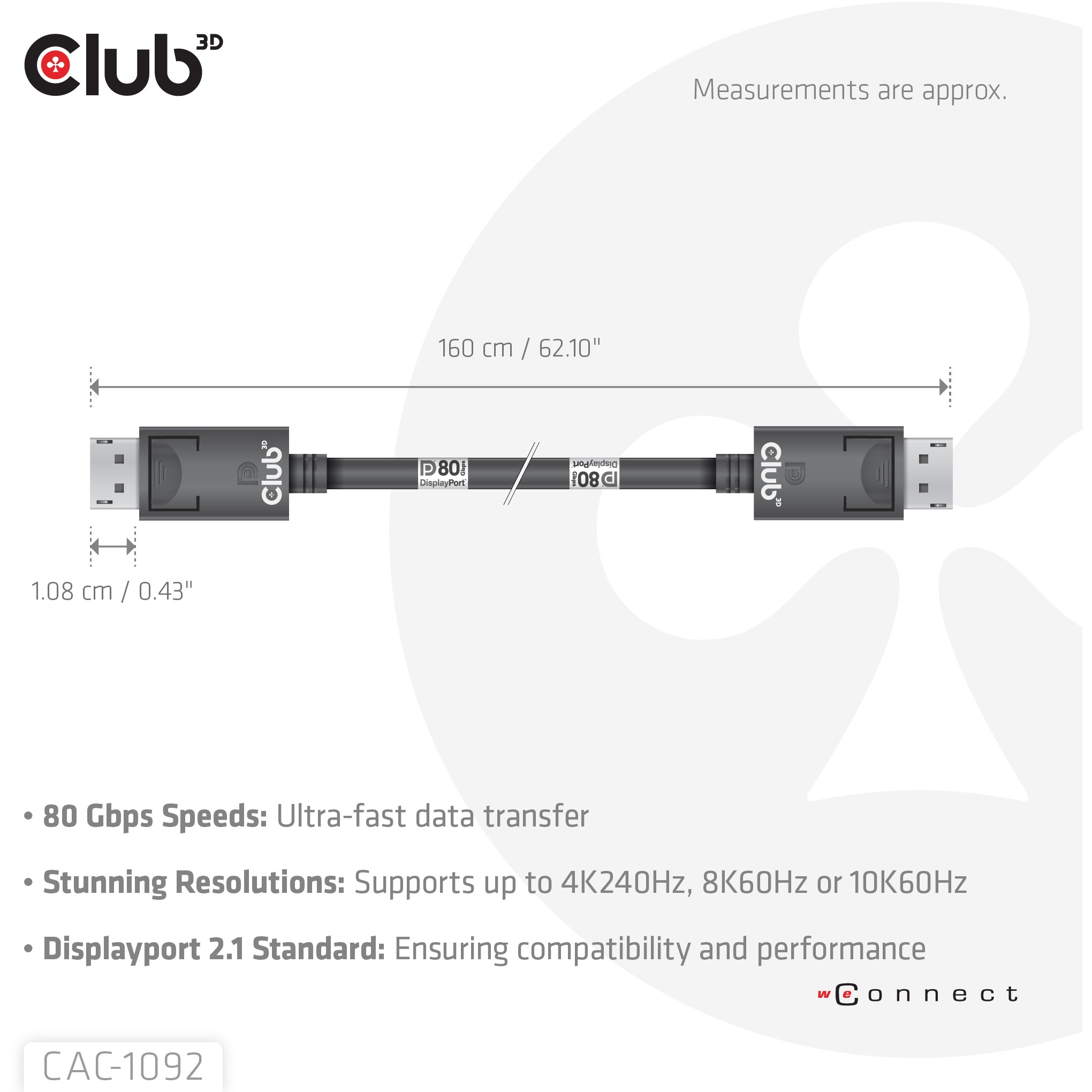 Kabel CLUB 3D DisplayPort™ 2.1 Bi-Directional VESA DP80 Certified 4K240Hz, 8K60Hz ili 10K60Hz M/M 1.6m/5.25ft-3