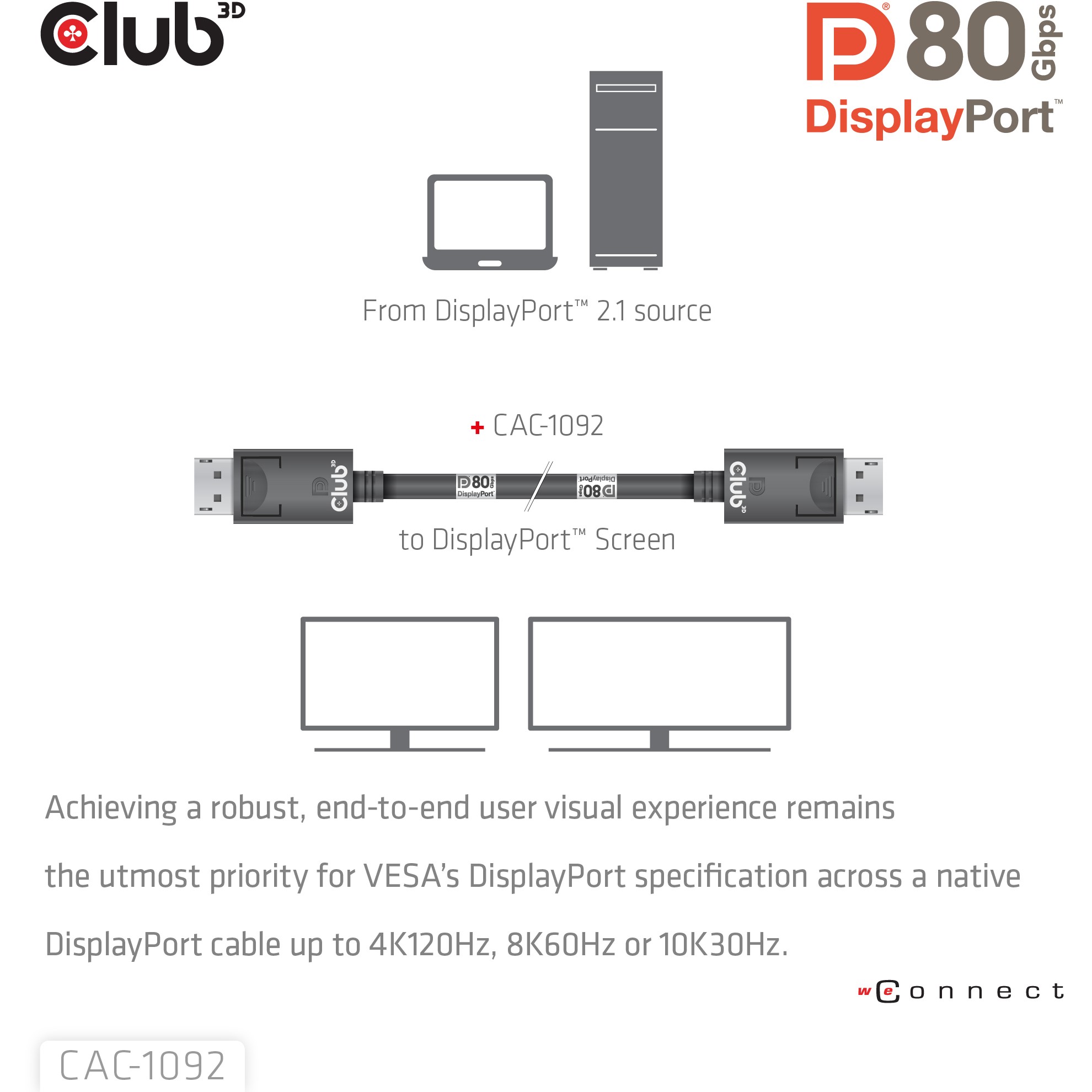 Kabel CLUB 3D DisplayPort™ 2.1 Bi-Directional VESA DP80 Certified 4K240Hz, 8K60Hz ili 10K60Hz M/M 1.6m/5.25ft-4