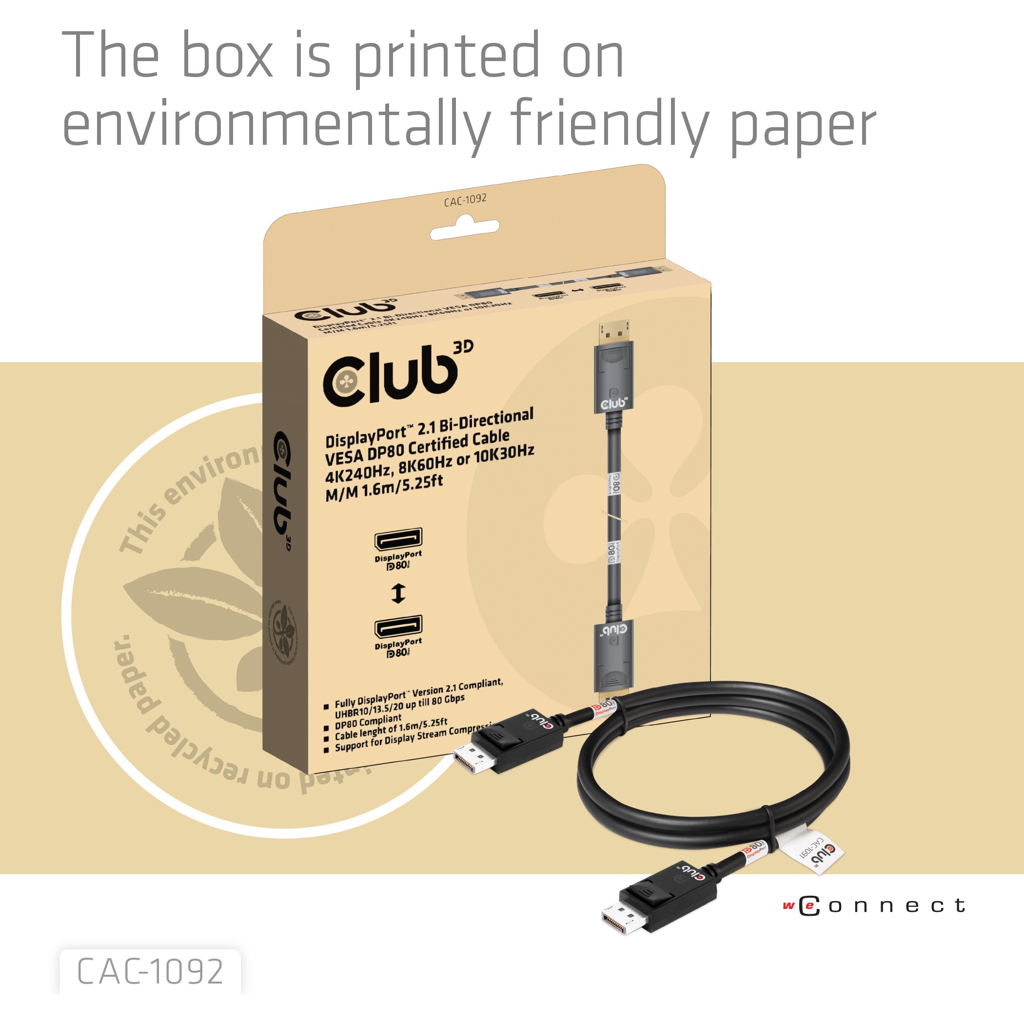 Kabel CLUB 3D DisplayPort™ 2.1 Bi-Directional VESA DP80 Certified 4K240Hz, 8K60Hz ili 10K60Hz M/M 1.6m/5.25ft-8