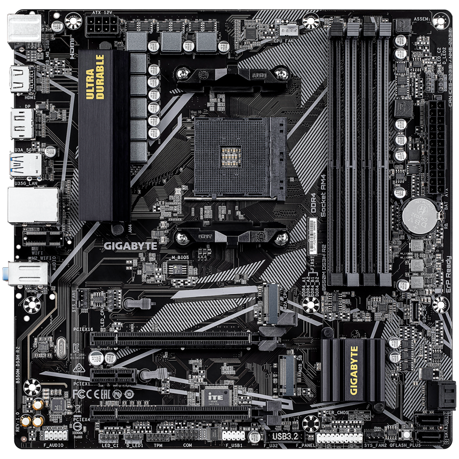 Matična ploča GIGABYTE B550M DS3H R2 (AMD Ryzen 5000 CPUs, 5+3 Phases VRM, do 4733MHz DDR4 (O.C.), 1xPCIe 4.0 + 1xPCIe 3.0 M.2, 1GbE LAN, USB 3.2 Gen 1)-1
