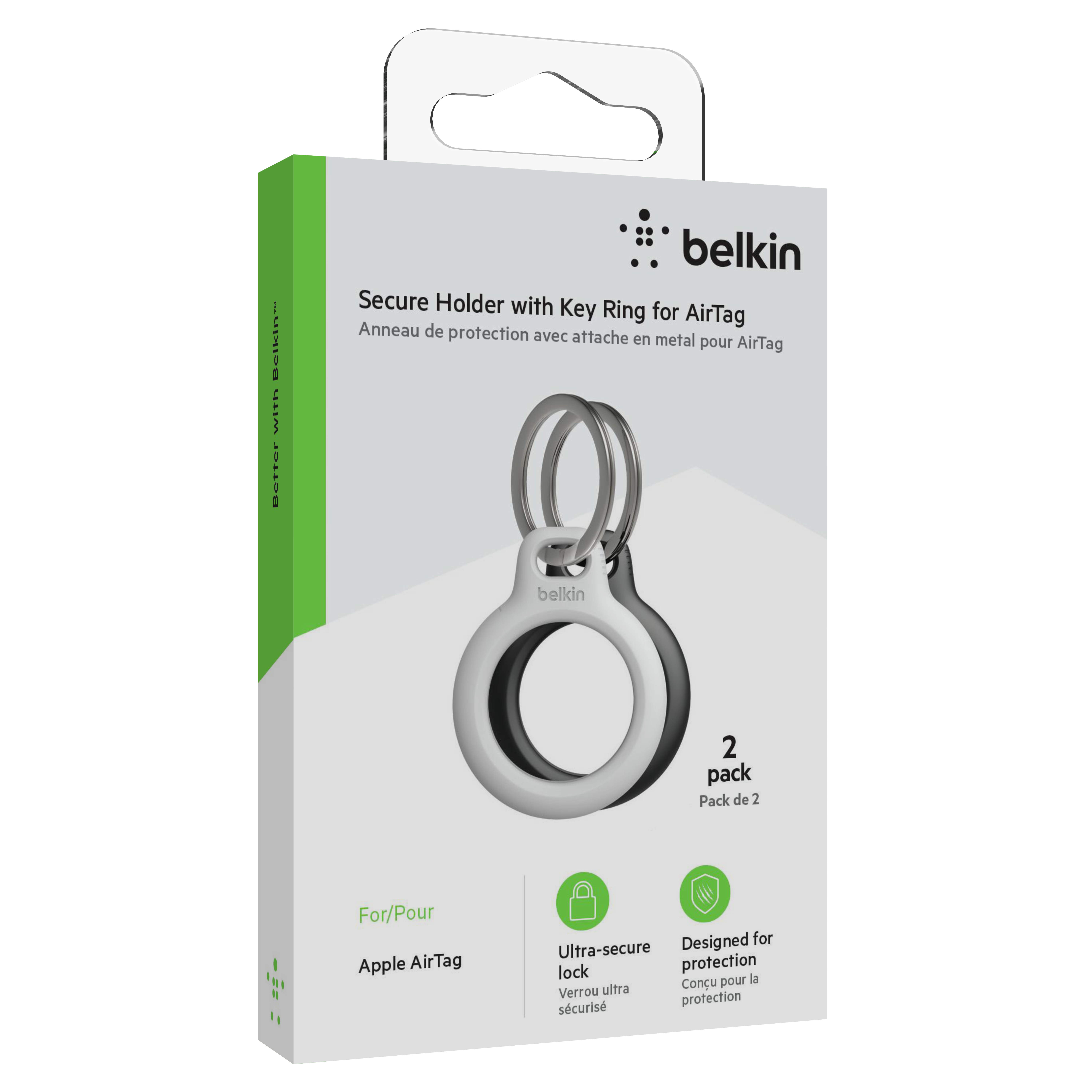Belkin Secure Holder w Keyring - Airtag - 2 Pack - Black/White-1