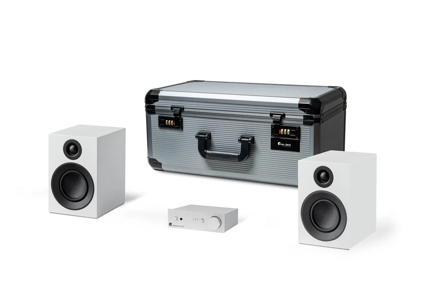 Hi-Fi set PRO-JECT Travel Set (pojačalo, zvučnici, kabeli, podlošci) silver, satin white