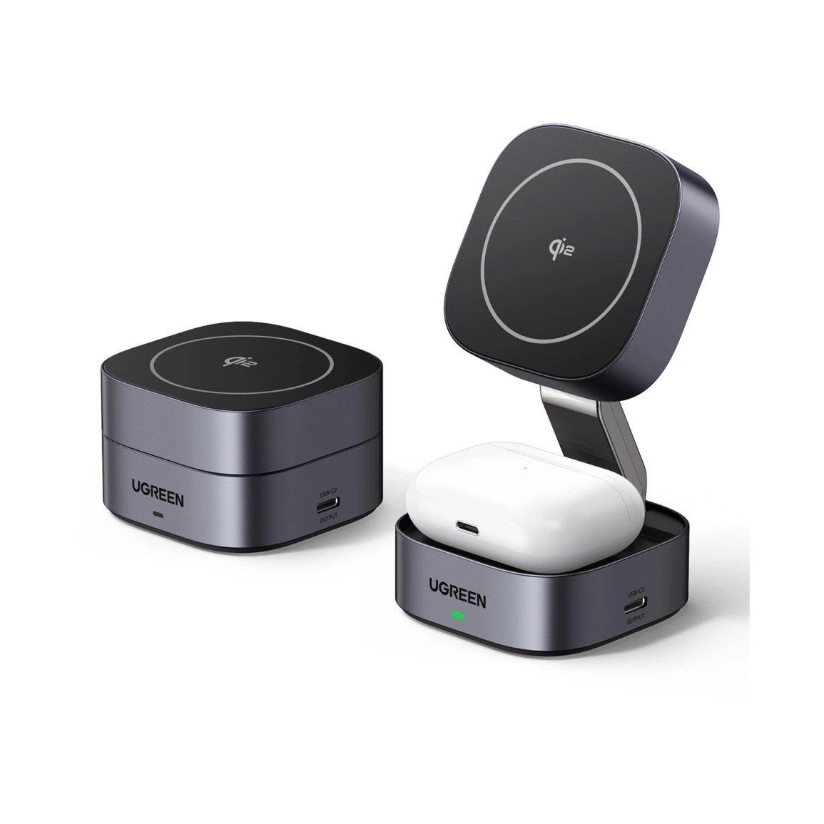 Kućni punjač UGREEN 2in1, 15W, bežični, Qi2, za iPhone 12-16, AirPods 3/2/Pro, sivi-2