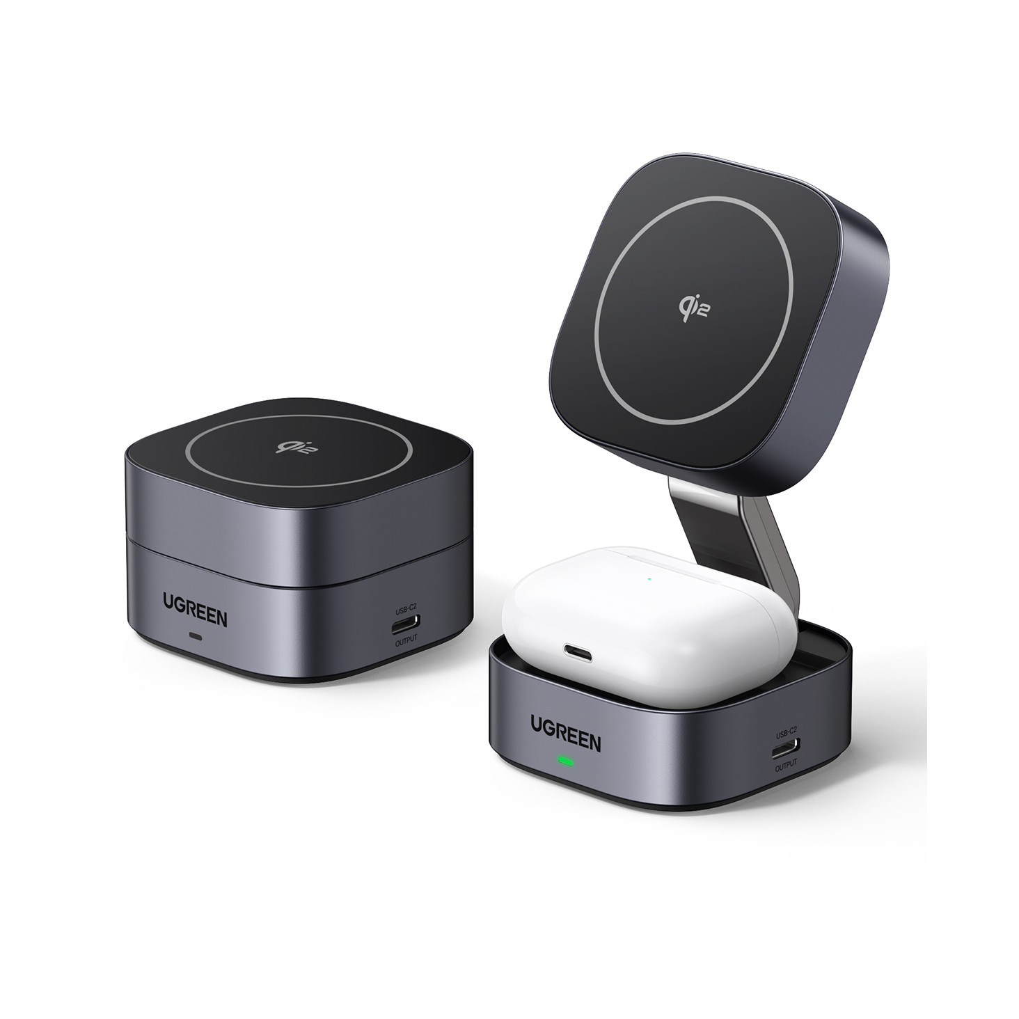 Kućni punjač UGREEN 2in1, 15W, bežični, Qi2, za iPhone 12-16, AirPods 3/2/Pro, sivi-0