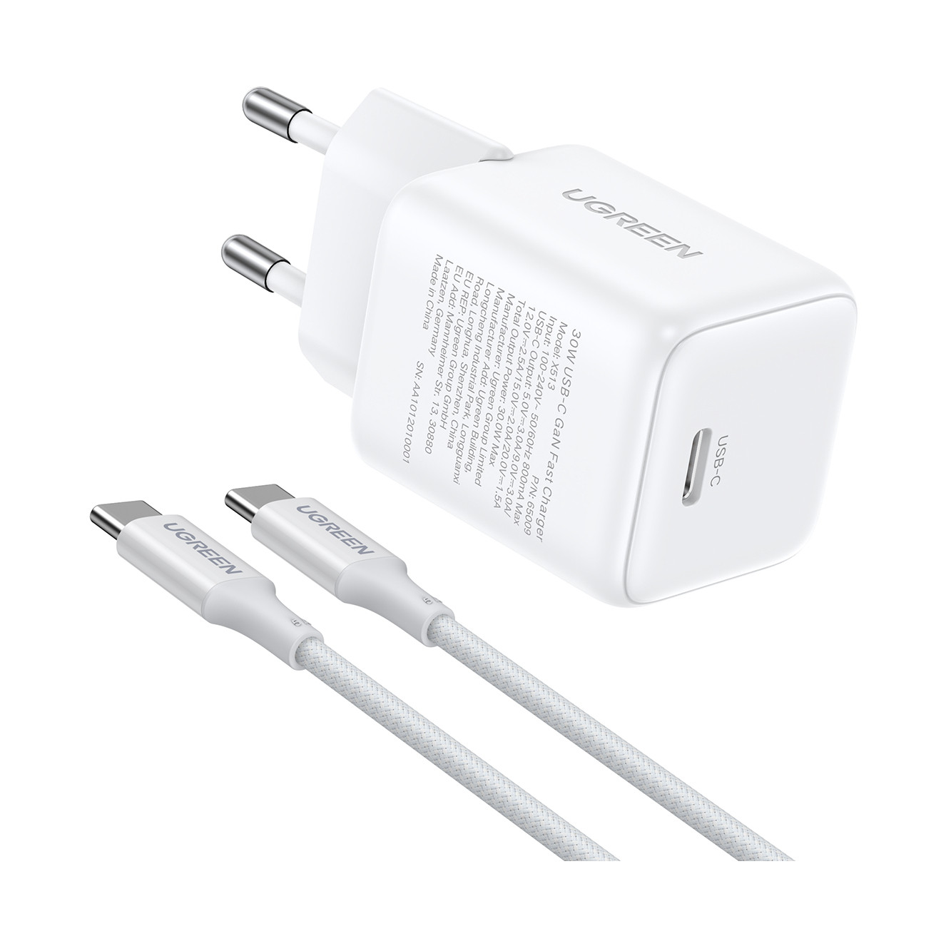 Kućni punjač UGREEN, 30W, USB-C, GaN, set, bijeli