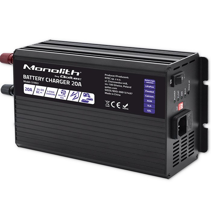 Qoltec Smart Monolith punjač za LiFePO4, AGM, GEL, SLA akumulatore, 24V, 20A-0