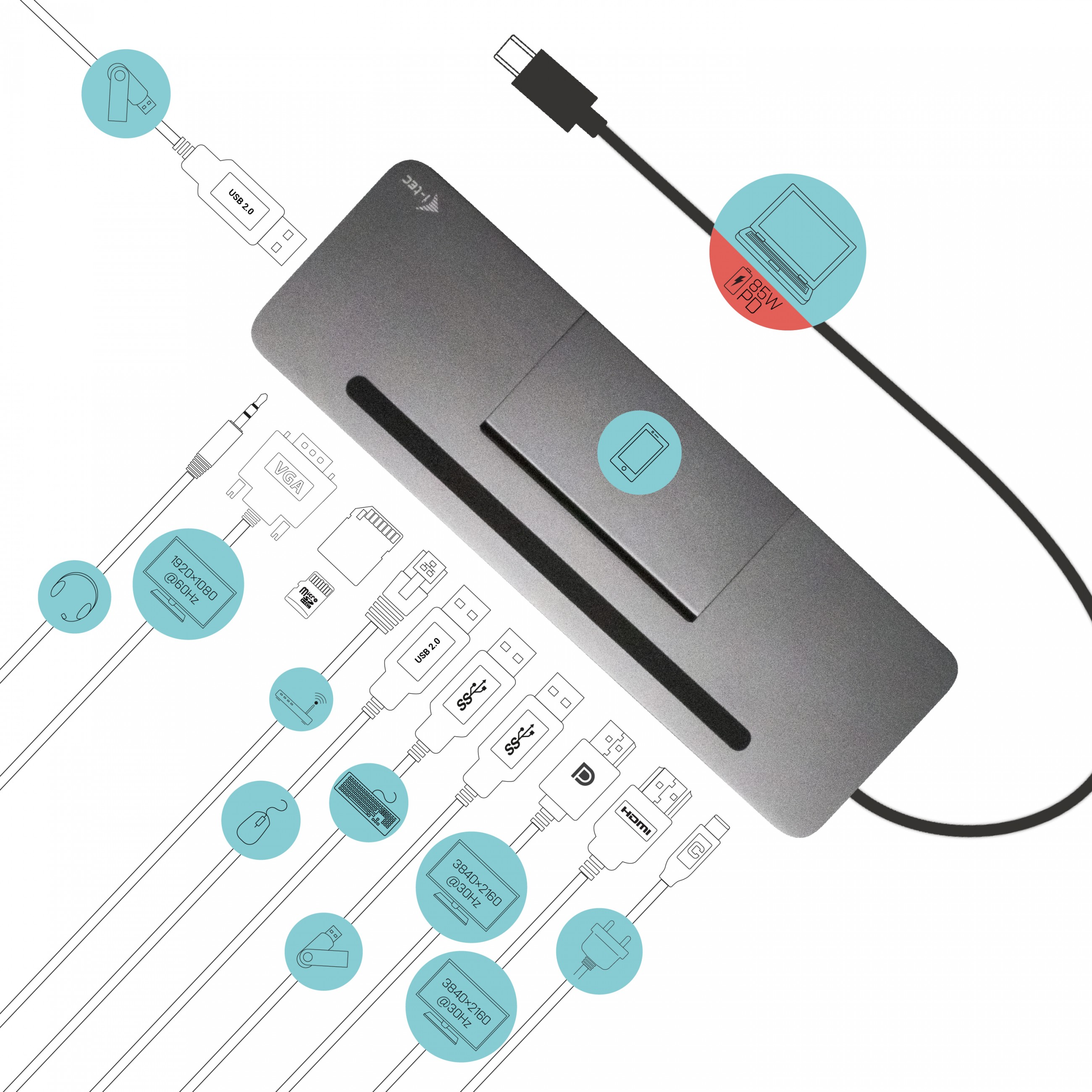 Docking Station I-TEC i-tec Metal USB-C Ergonomic 4K 3x Display Docking Station + Power Delivery 85 W-11