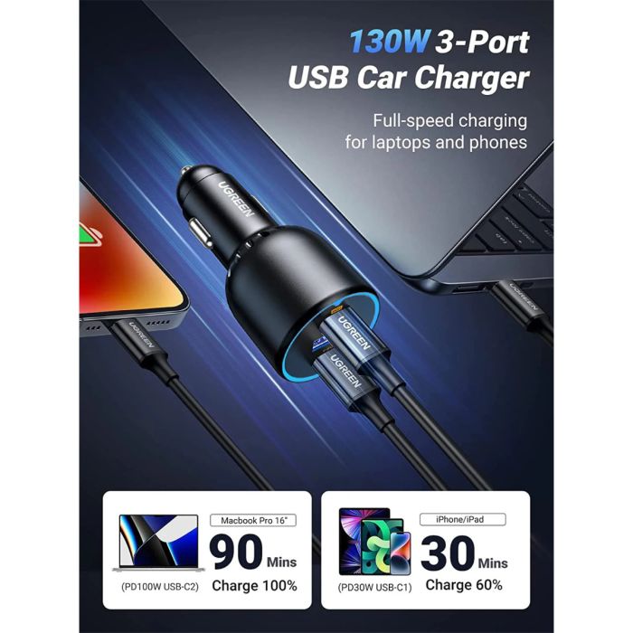 UGREEN 130W avtopolnilec z 1M USB-C kablom-1