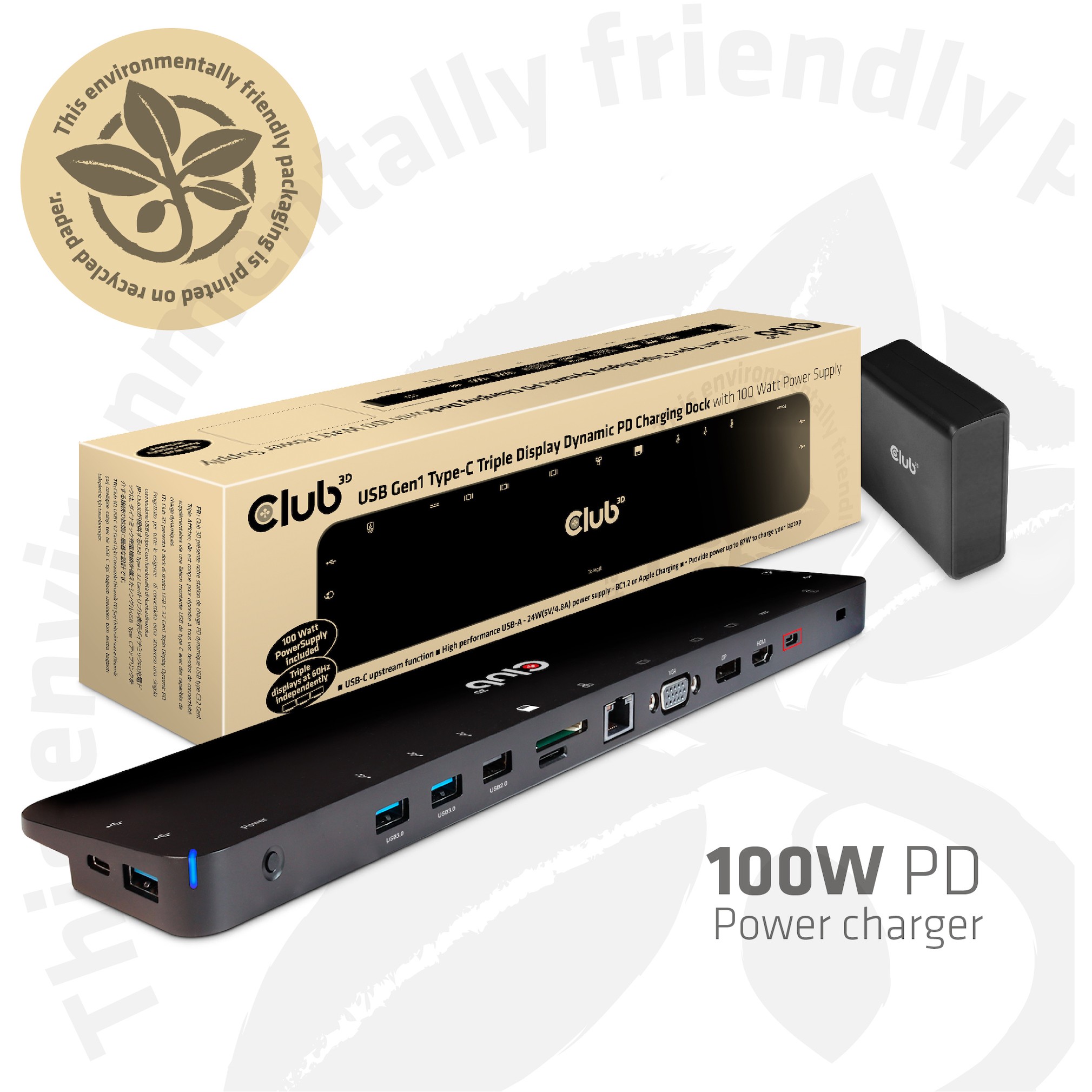 Docking stanica CLUB3D USB Type C 3.2 Gen1 Triple Display Dynamic PD Charging Dock (100w pd)-0