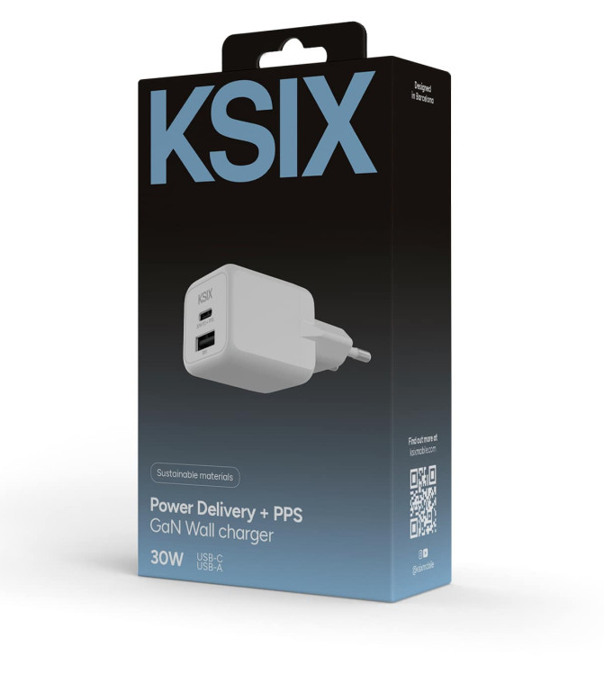 Adapter KSIX Gan ultrabrzi 30W PD & PPS, 1 x USB-C + 1 x USB-A, bijeli-3