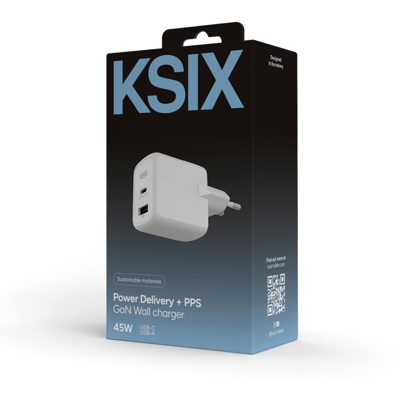 Adapter KSIX Gan ultrabrzi 45W PD & PPS, 1 x USB-C + 1 x USB-A, bijeli-3