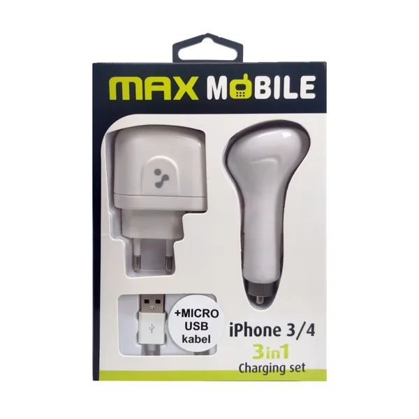 Set punjača MAX MOBILE 3u1, kućni i auto punjač s Micro USB i iPhone 3/4 kabelom-0