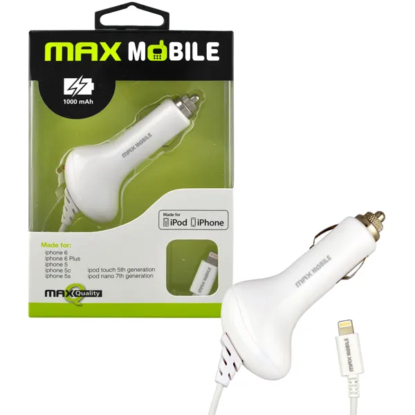 Auto punjač MAX MOBILE za iPhone s Lightning kabelom (1A, MFi), bijela boja