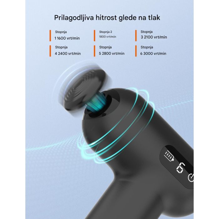Masažni pištolj TAOTRONICS Mini (6 brzina, 6 nastavaka, crni)-6