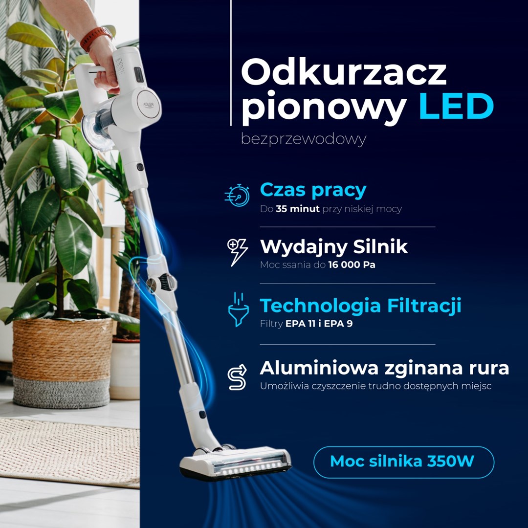 Štapni usisavač ADLER AD 7060 (bežični, snaga 350 W, autonomija do 35 min, crna/siva)-7