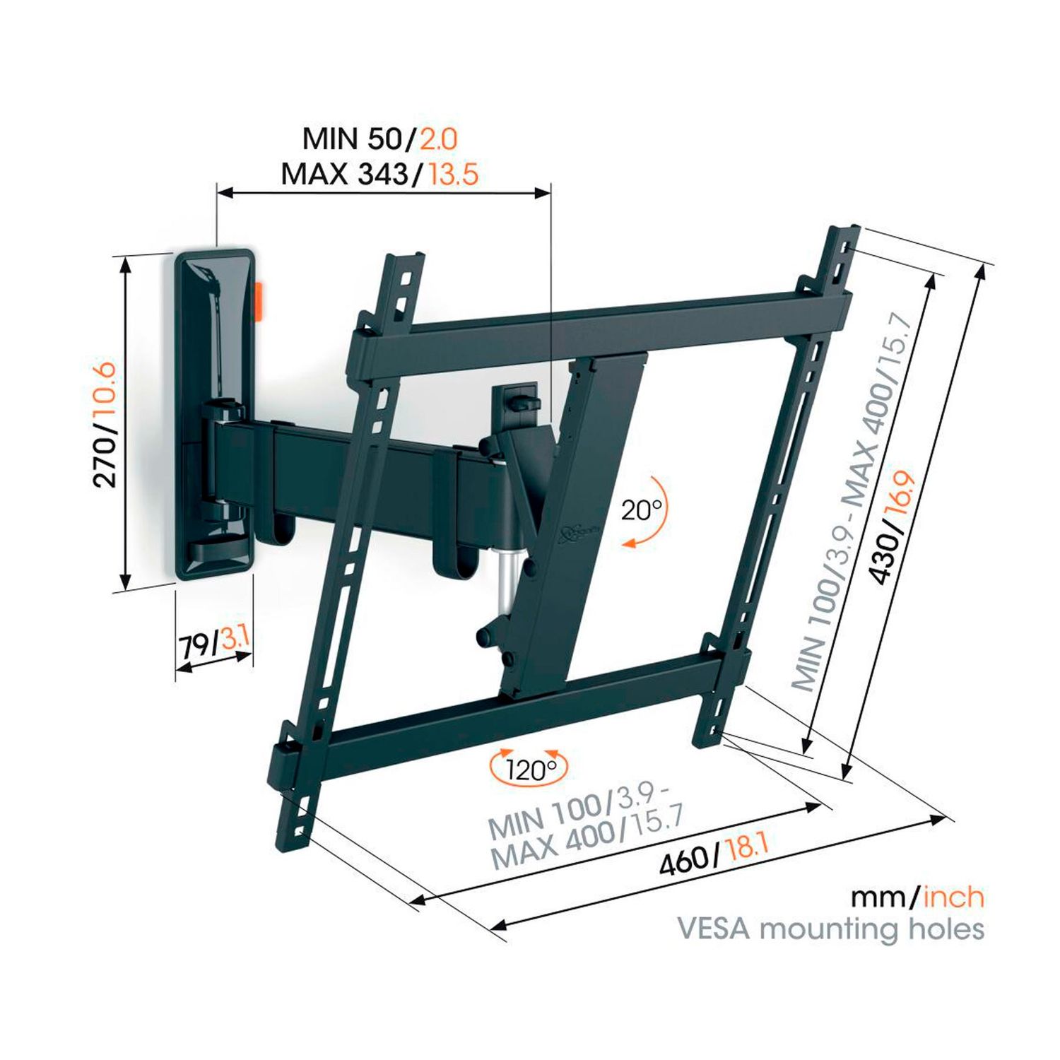 Zidni nosač za TV VOGELS TVM 3423 (32"- 65", do 25kg, nagib  20°, zakret 120°)-5