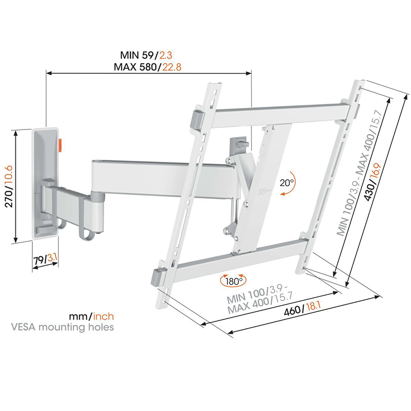 Zidni nosač za TV VOGELS TVM 3443WH (32"-65", nagib 20°, zakret 180°)-2