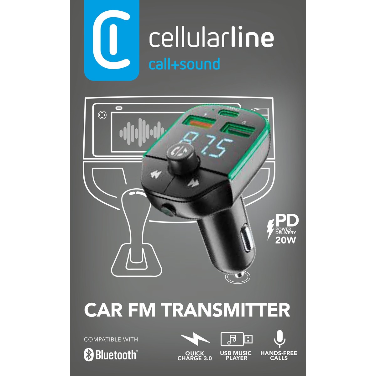 FM Transmitter i auto punjač CELLULARLINE (Bluetooth, 20W)-2