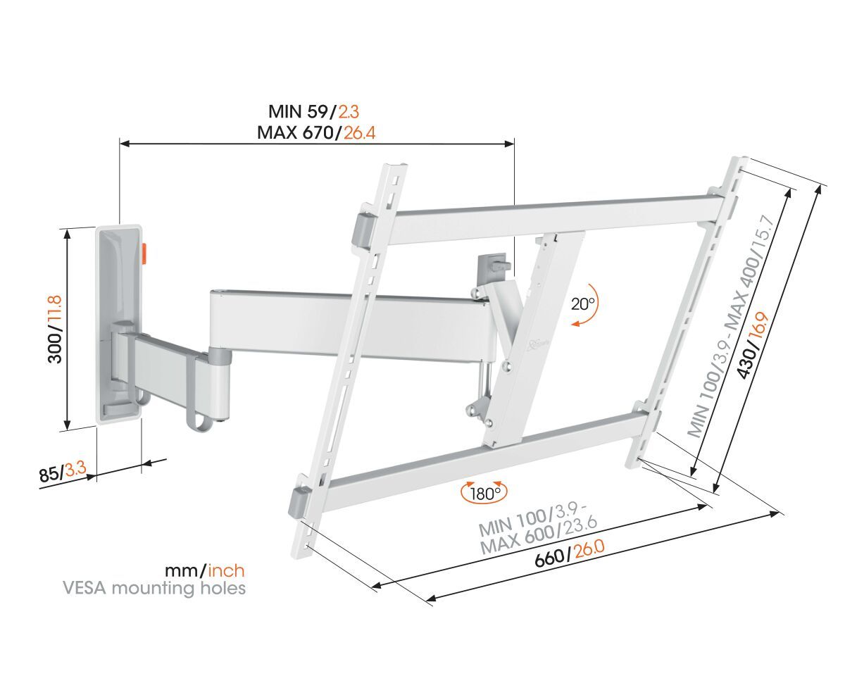 Zidni nosač za TV VOGELS TVM 3643WH (40"- 77", nagib 20°, zakret 180°)-8