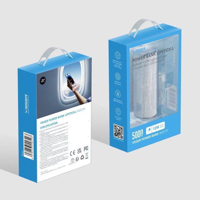 VEGER prenosna baterija z vgrajenim priključkom Type-C 5000mAh, srebrna-4