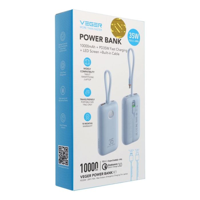 VEGER prenosna baterija z vgrajenimi kabli 10000 mAh, modra-3