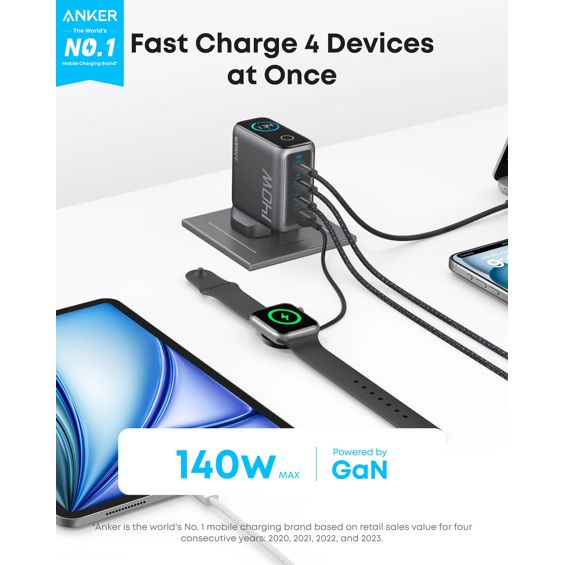 Punjač ANKER 140W Far za laptope, 140W, 3xUSB-C, 1xUSB-A, PD 3.1, kabel USB-C-9