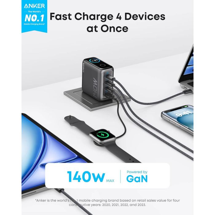 Punjač za laptop ANKER 140W (GaN tehnologija, 4 USB-C priključka, ActiveShield™ 2.0, 140W max izlazna snaga)-2