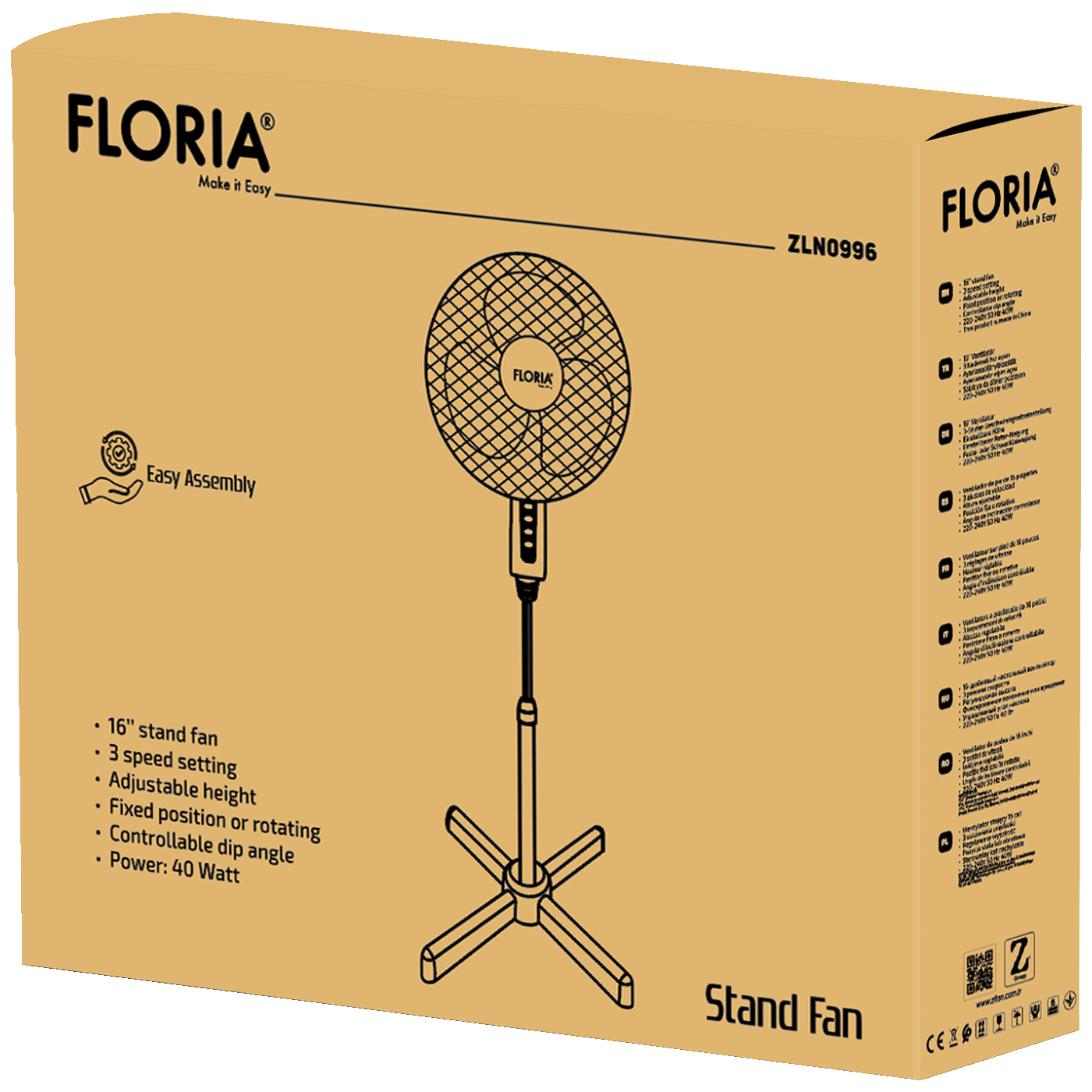 Ventilator FLORIA ZLN0996 (promjer 40 cm, 40 W, 3 brzine, oscilirajuća glava, podesiva visina)-2
