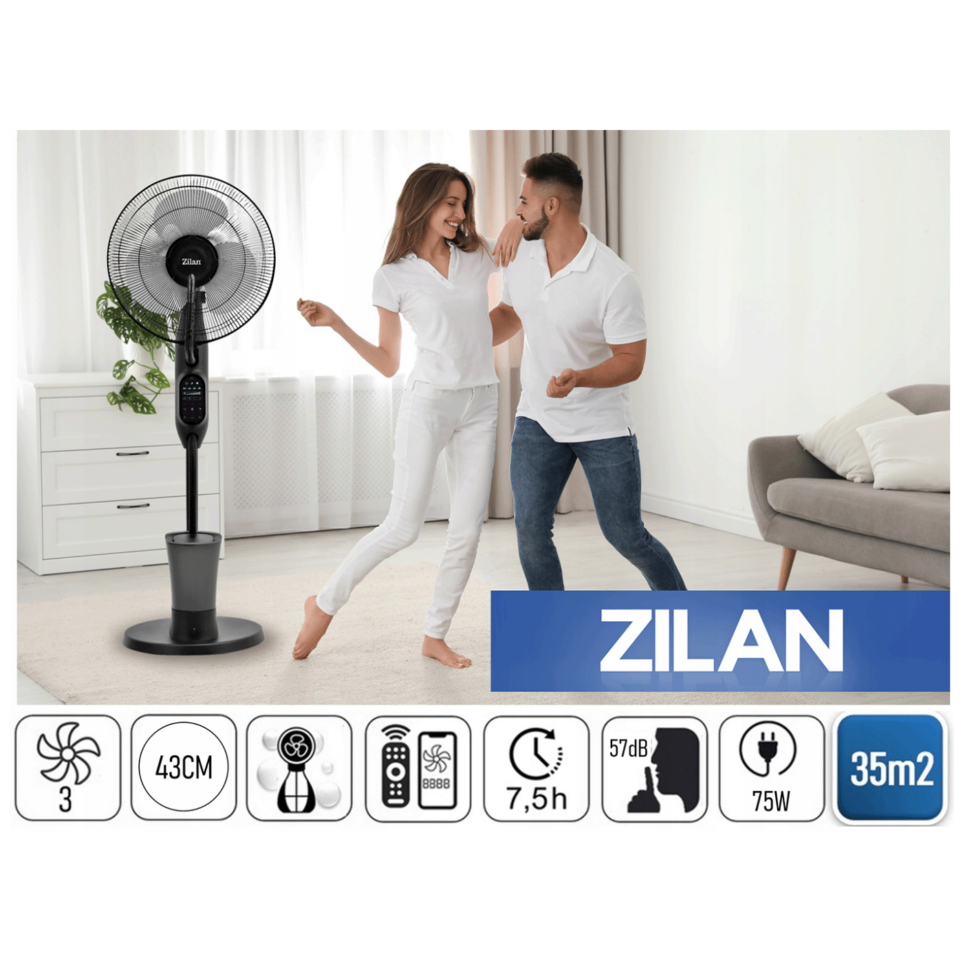 Zilan Ventilator sa raspršivačem vode, daljinski upravljač, 75 W - ZLN0977-4