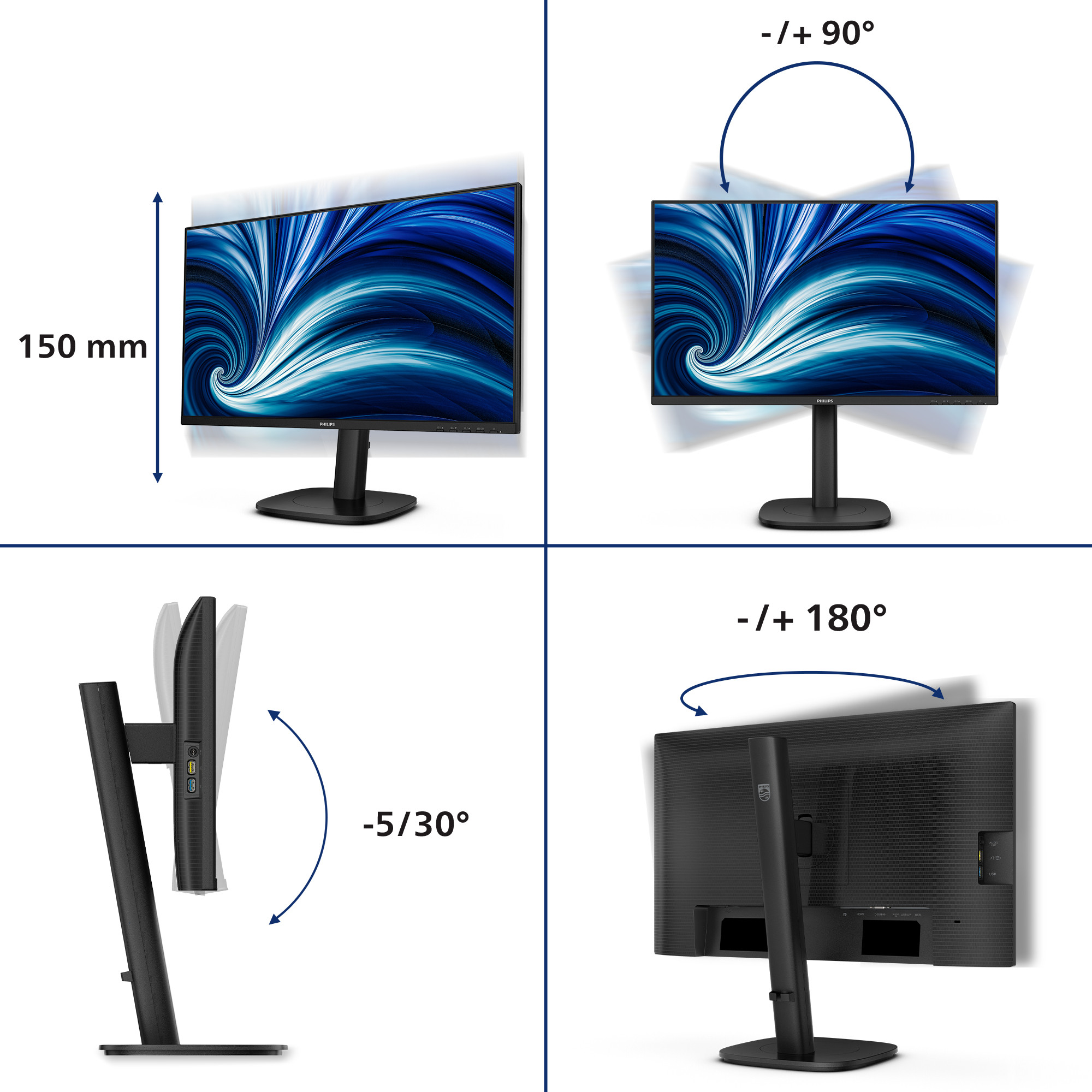 Monitor PHILIPS 24B2N3200J/00 24" FHD (1920x1080) IPS, Pivot, 120Hz, 300 cd/m2, 15001, VGA/HDMI/DP, USB Hub, zvučnici, crni-9