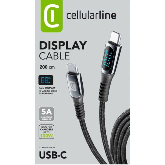 Kabel CELLULARLINE, Display, 5A, 100W, USB-C na USB-C, 200cm, Crni-6
