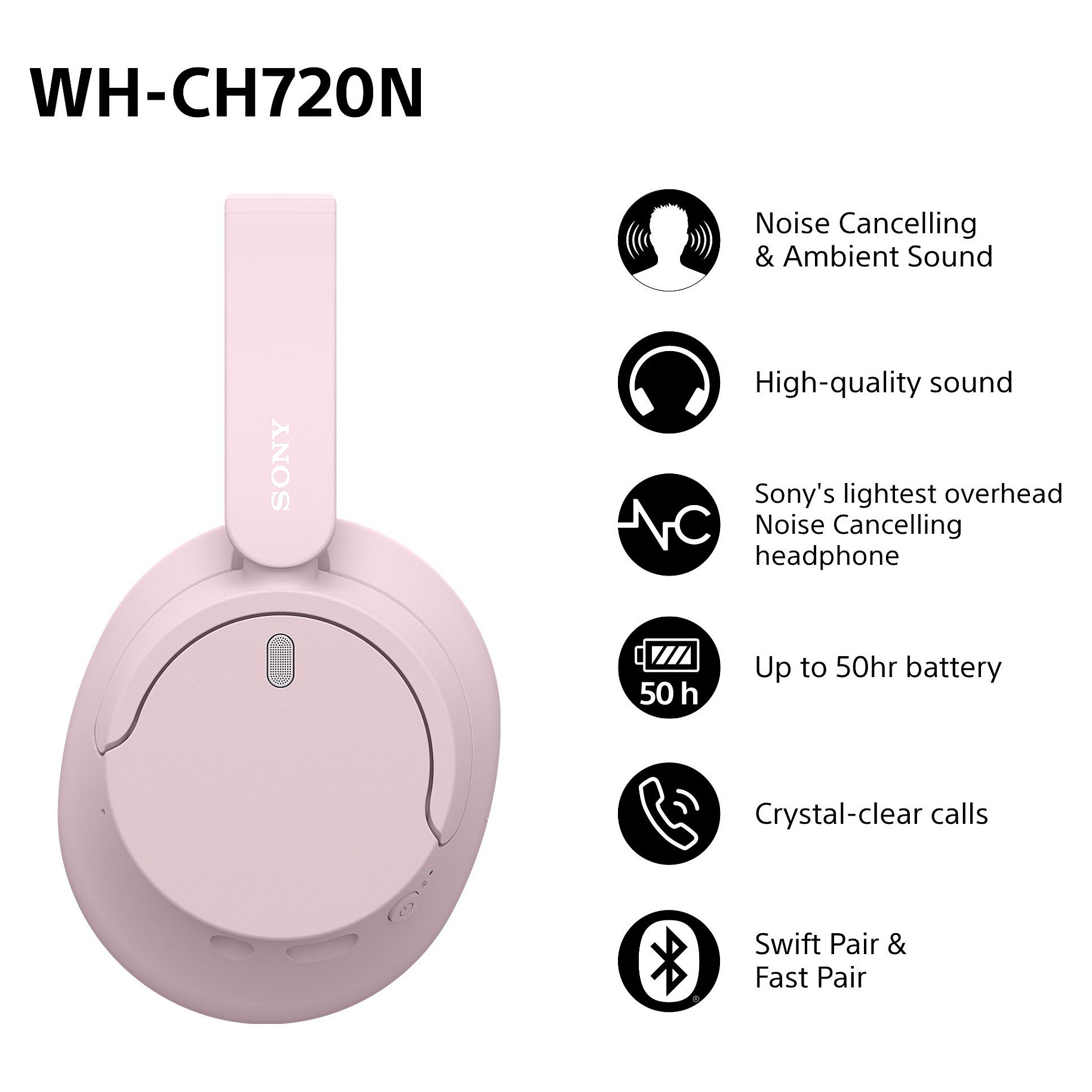 Slušalice SONY WH-CH720N, bežične, over-ear, ANC, roze-2