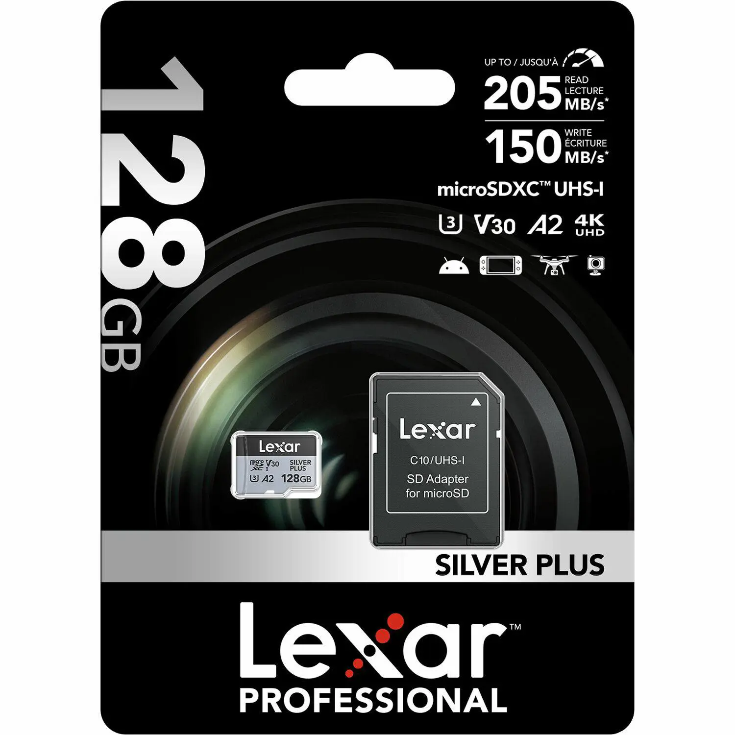 Memorijska kartica LEXAR 128 GB  High-Performance Silver Plus microSDXC™ UHS-I, up to 205MB/s read 150MB/s write C10 A2 V30 U3,with adapter-2