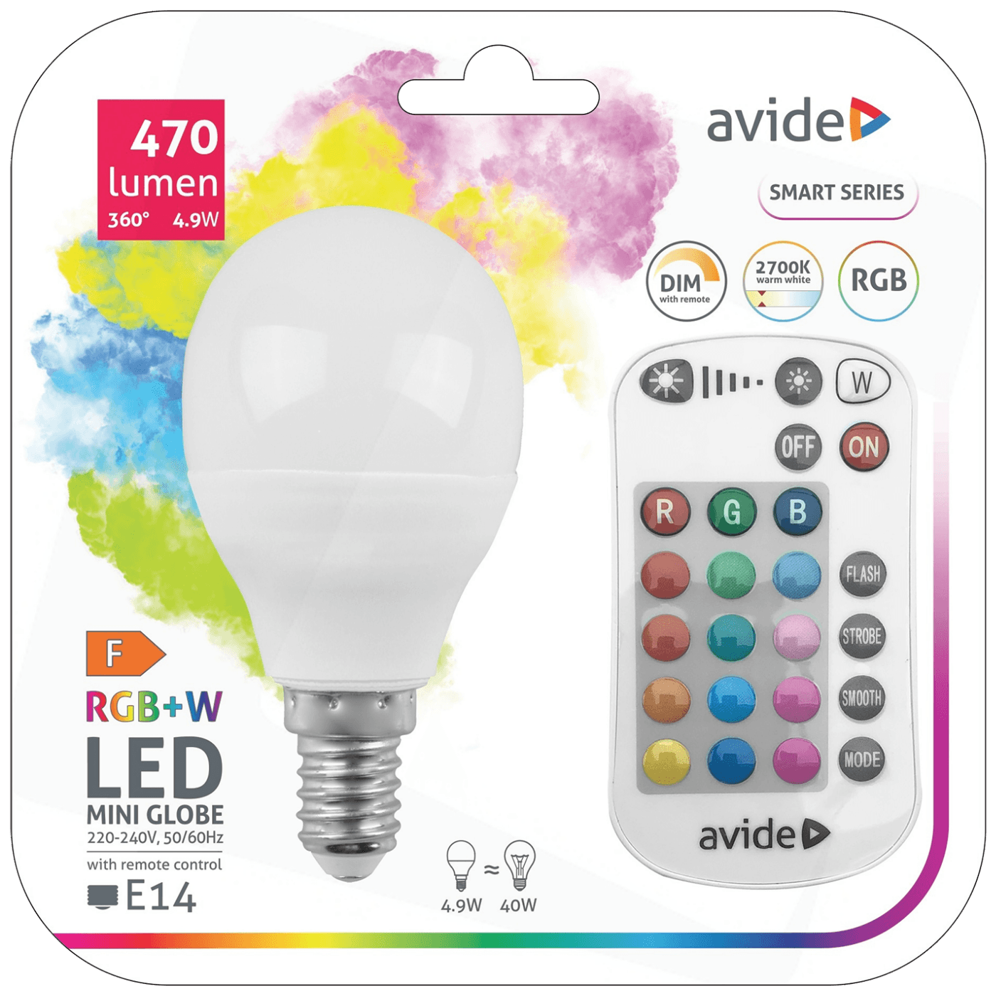 Avide Pametna sijalica, LED 4.9W, E14, RGB+W, 2700K, daljinski - Smart LED Mini Globe 4.9W-0