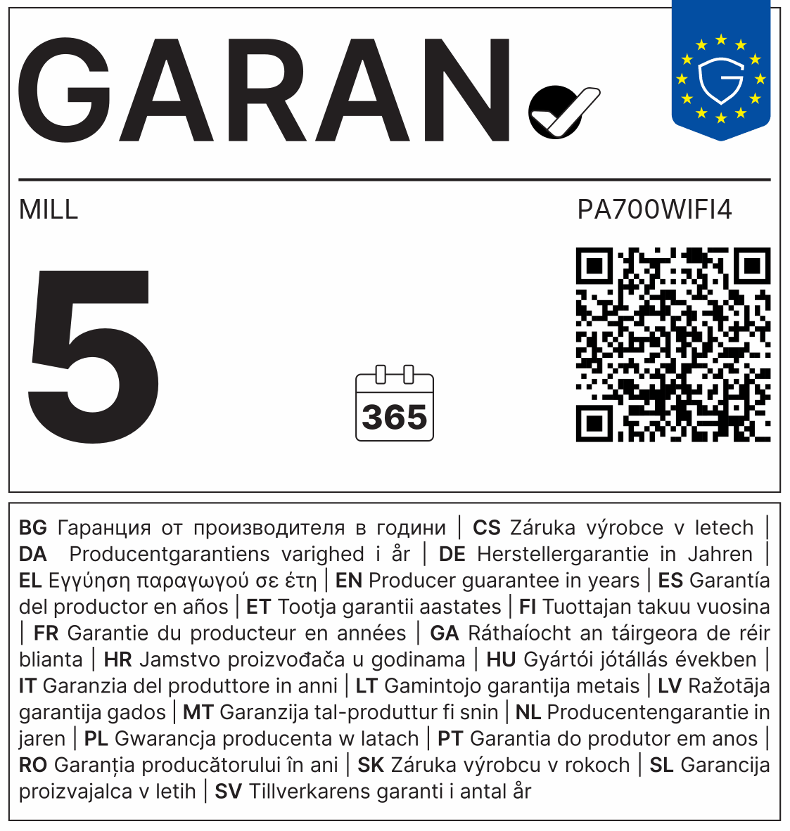 MILL panelni konvekcijski radiator Wi-Fi 700W jeklo PA700WIFI4-18