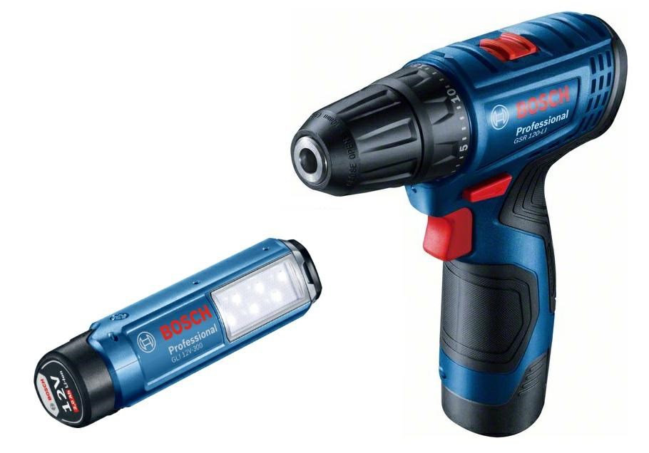 Bušilica BOSCH GSR 120-LI (2x2,0Ah, 30/14Nm, s lampom GLI 12V-300, u koferu)-0