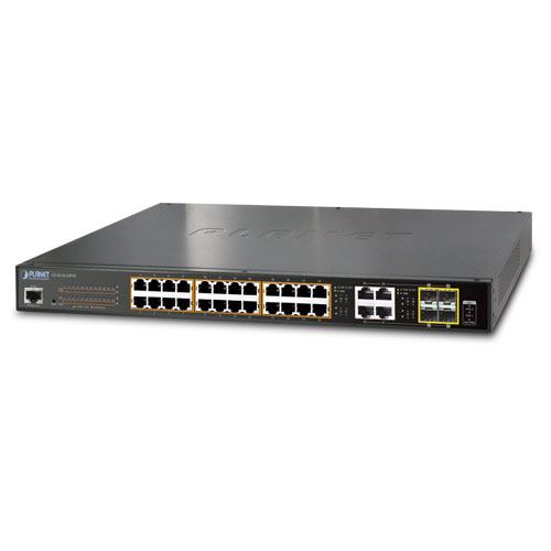 Prekidač PLANET 24-Port Managed 802.3at POE+ Gigabit Ethernet Switch + 4-Port Gigabit Combo TP/SFP (24 × 10/100/1000BASE-T, 4 × Gigabit combo portova, PoE standard IEEE 802.3af/at, ukupna PoE snaga 220 W, switching kapacitet 56 Gbps, forwarding rate 41,7 Mpps)-0