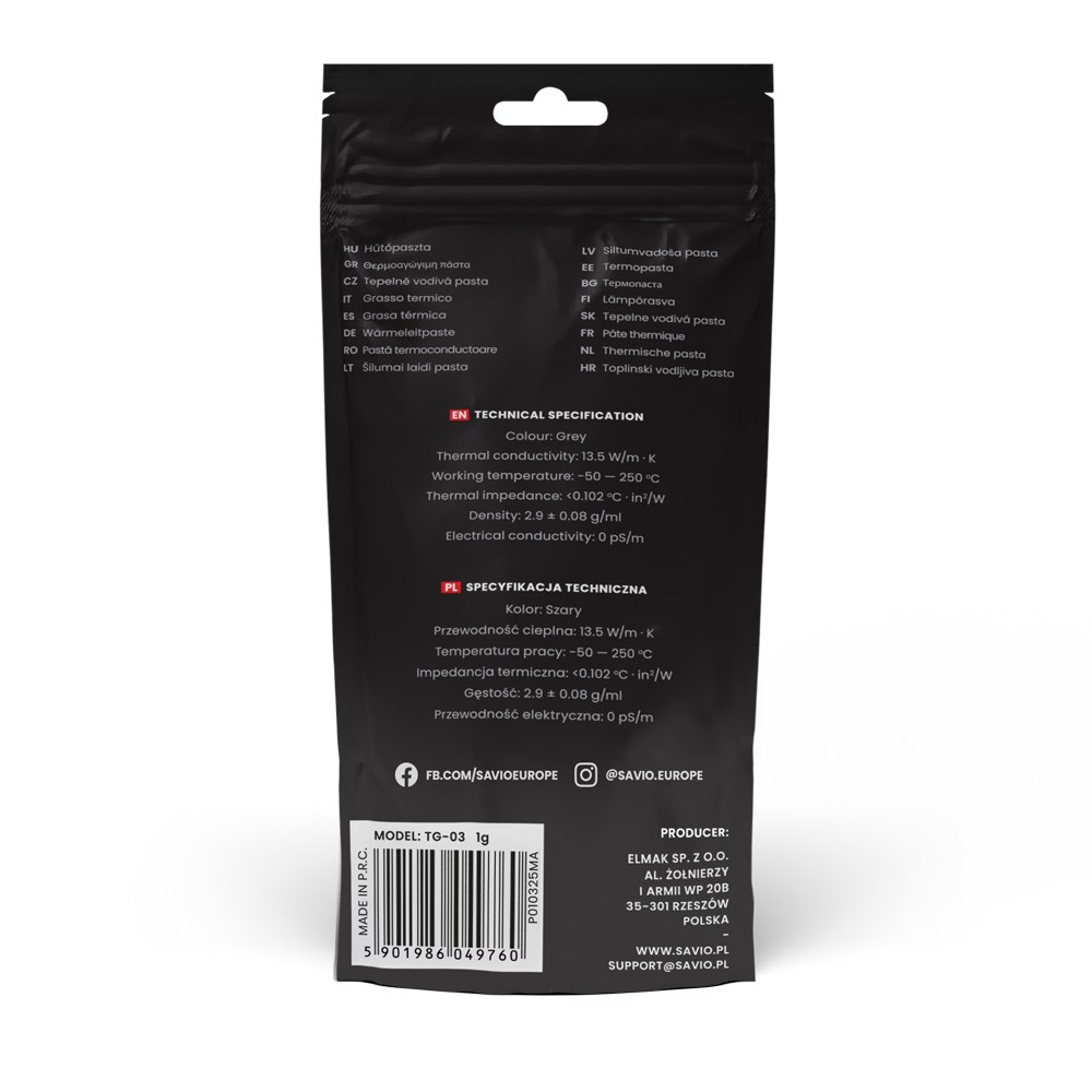 Termalna pasta SAVIO TG-03 1G 13.5 W/m·K-2