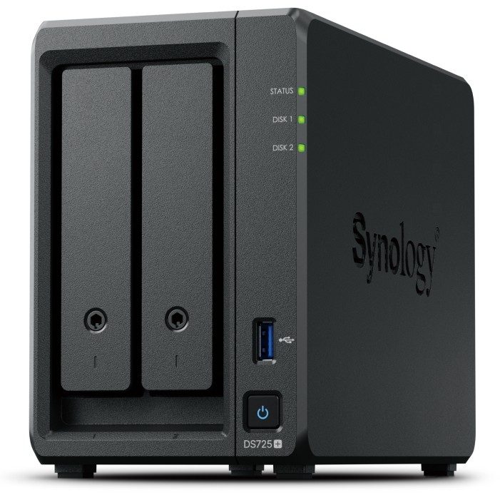 NAS SYNOLOGY DS725+ Tower, 2x 2.5"/3.5" SATA + 2x M.2 2280 NVMe SSD (AMD Ryzen R1600, 4GB DDR4, 1x 1GbE RJ-45, 1x 2.5GbE RJ-45, 1x USB 3.2, adapter 65W)