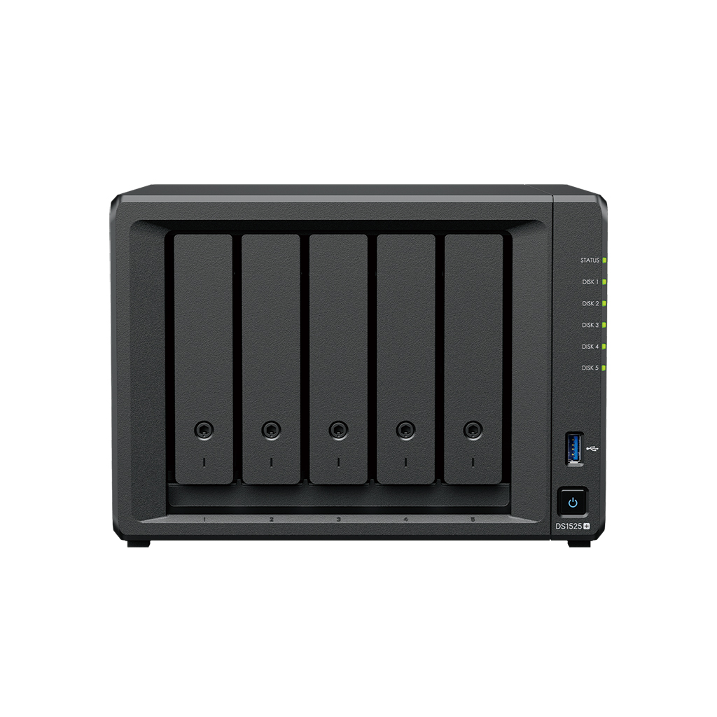 NAS Synology DS1525+, Tower, 5x 2.5"/3.5" SATA + 2x M.2 2280 NVMe SSD, AMD Ryzen V1500B, 8GB DDR4 (max.32GB), 2x 2.5GbE RJ-45, 2x USB 3.2, adapter 120W-0