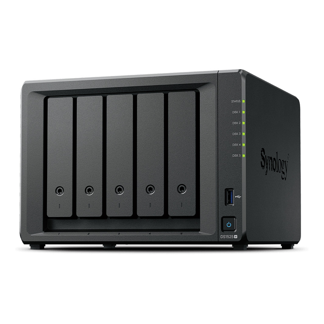 NAS Synology DS1525+, Tower, 5x 2.5"/3.5" SATA + 2x M.2 2280 NVMe SSD, AMD Ryzen V1500B, 8GB DDR4 (max.32GB), 2x 2.5GbE RJ-45, 2x USB 3.2, adapter 120W