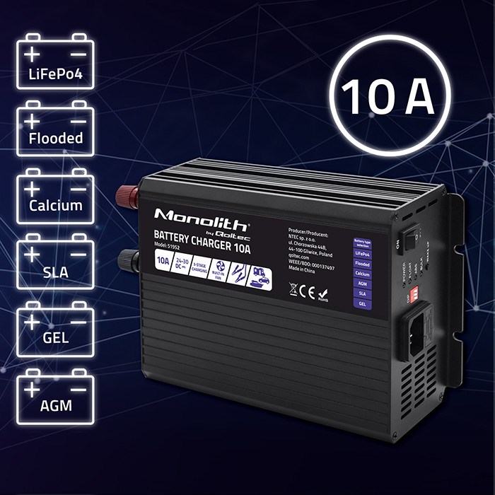 Punjač akumulatora QOLTEC Smart Monolith (10A, 24V, za LiFePO4/AGM/GEL/SLA)-2